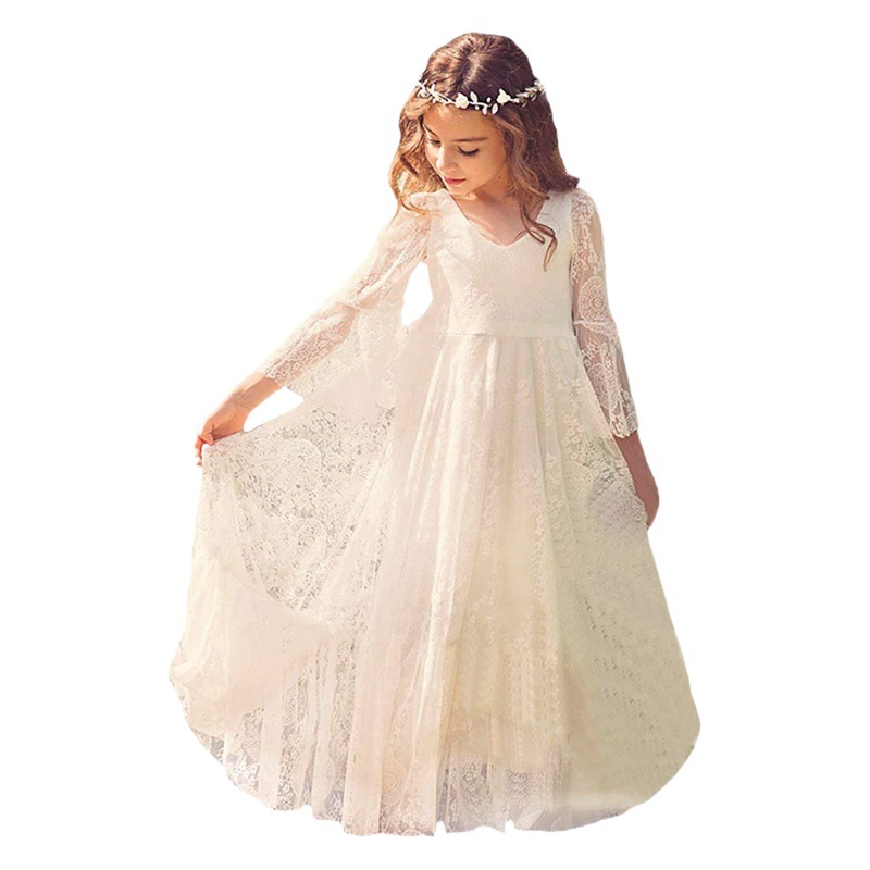 Suministro de comercio exterior nueva ropa para niños vestido de encaje de niña de flores manga larga cuello redondo mono de los niños vestido largo traje de acogida
