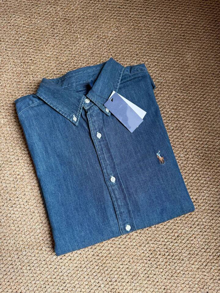 Áo sơ mi denim nam cổ điển thêu logo ngựa, áo sơ mi cotton dáng suông mặc ngoài — Áo sơ mi denim (nam)