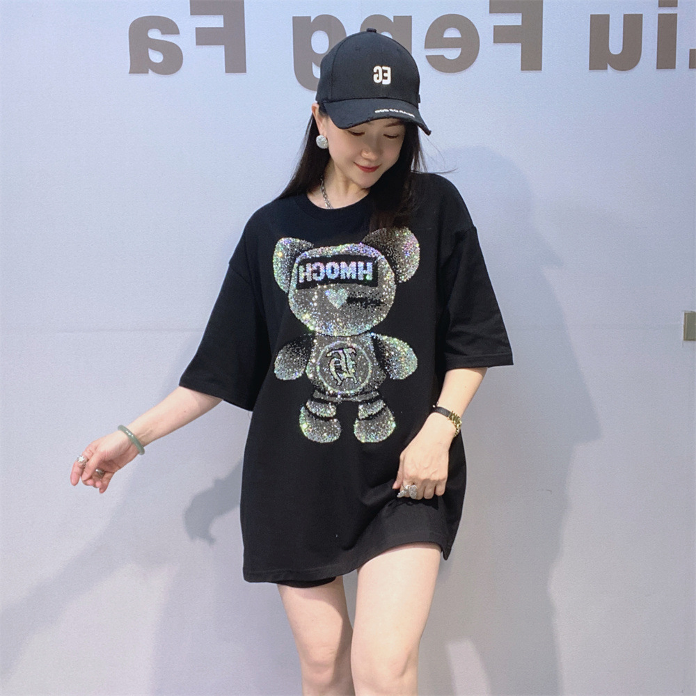 Camiseta Unisex de Manga Corta de Algodón Holgada con Pedrería para Verano