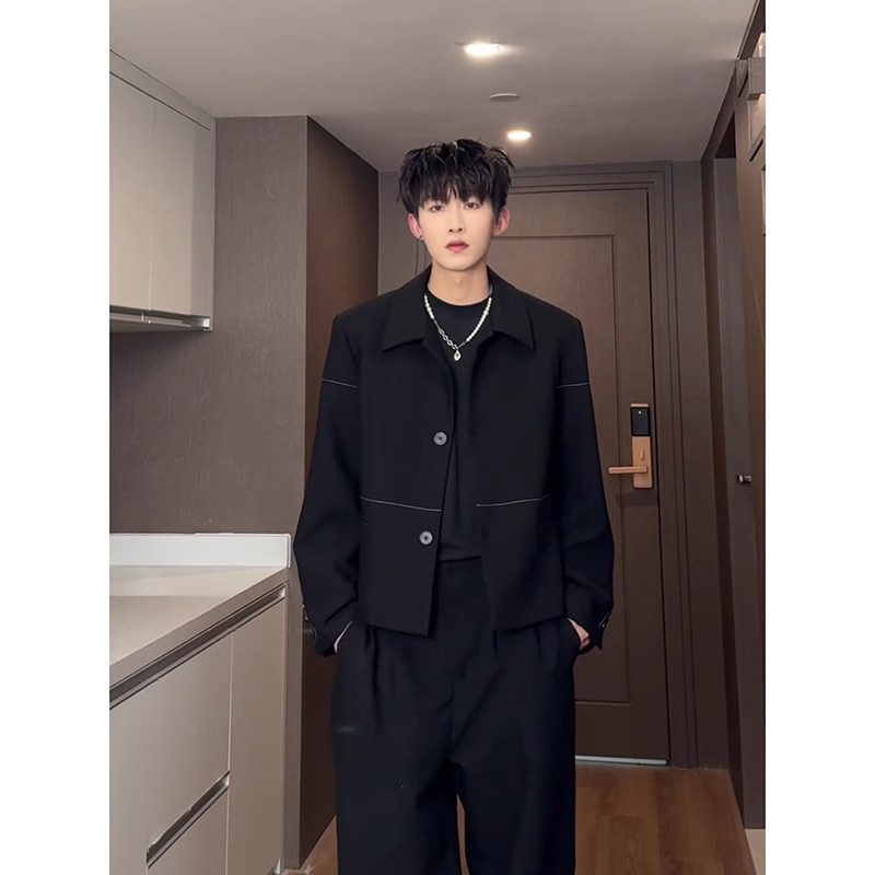 블랙 캐주얼 세트 재킷 남자의 봄과 가을 하이 엔드 아메리칸 스타일 어깨 패드 재킷 릴 올드 머니 스타일 세트 탑