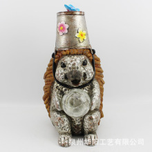 刺猬戴铁桶创意摆件树脂工艺品太阳能裂纹水晶玻璃球灯庭院装饰品