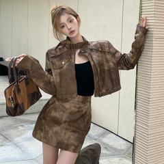 美拉德穿搭套装复古咖色机车皮衣短款外套女春夏皮裙半身裙两件套