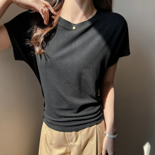 严选圆领蝙蝠衫黑色正肩T恤女褶皱高级感内搭打底衫内搭打底上衣