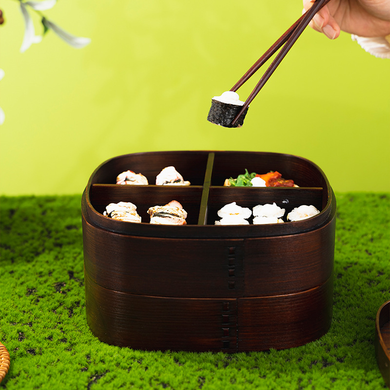 Quliumu caja de sushi japonesa retro de lujo ligero con caja de bento de rejilla cruzada de doble capa al por mayor