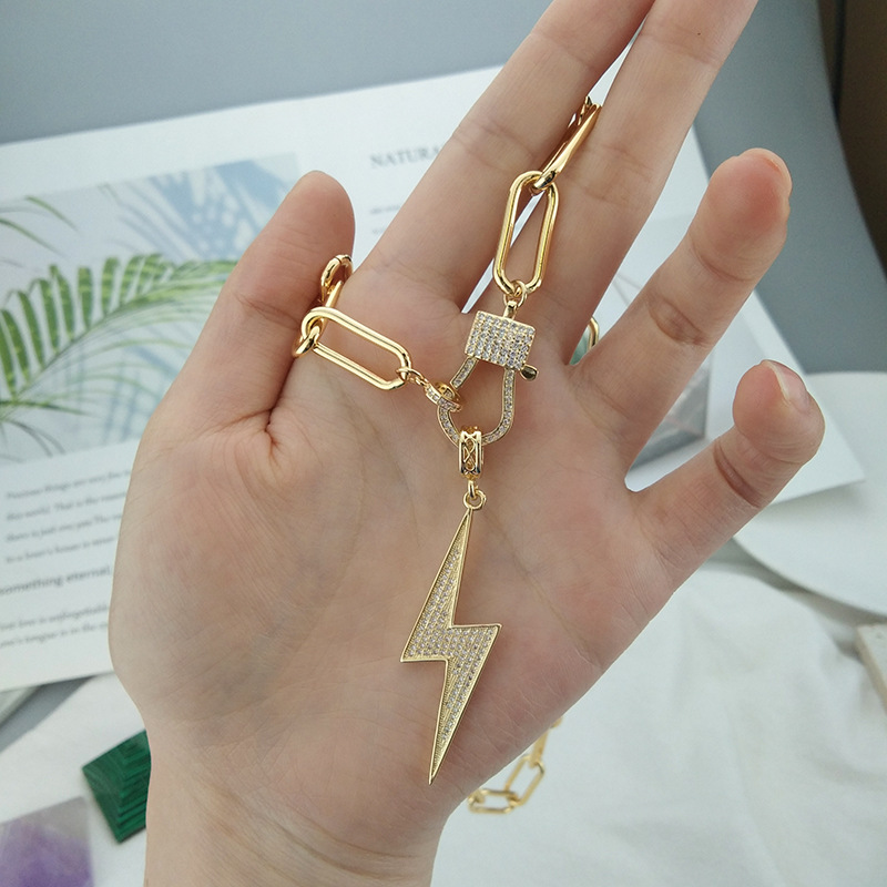 new hip-hop personality lightning copper gold-plated zirconium sweater chain