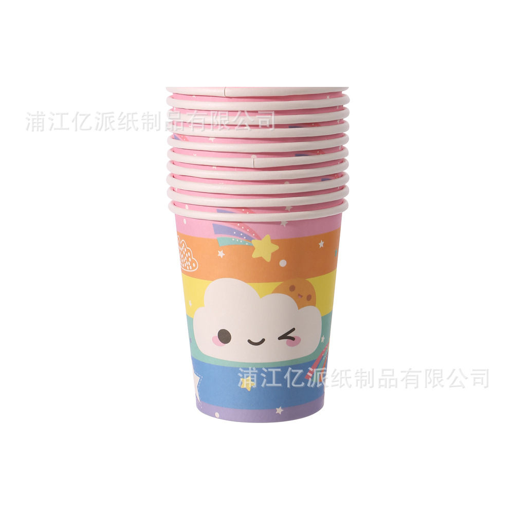 Arco iris rosa temático fiesta suministros set dibujos animados vasos de papel desechables bandejas de papel toallas cubiertos al por mayor