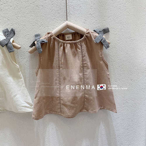 Korean Children's Summer  Sleeveless Blouse for Girls, Loose Cotton-Linen Button-down Shirt with Butterfly Bow, Simple and Elegant Children's Top