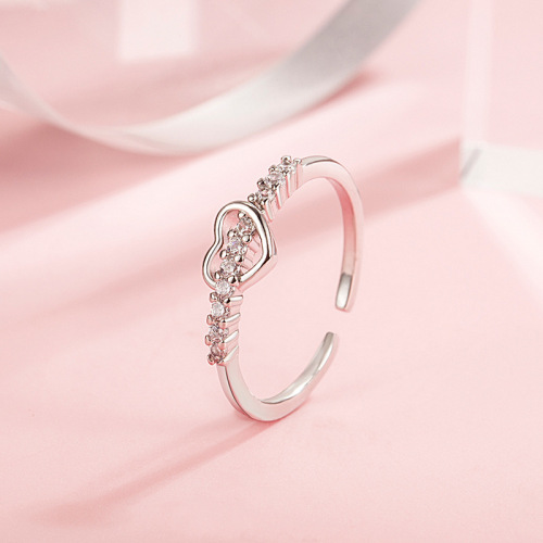 Simple row of diamonds, hollow love ring for women, girly heart, sweet and forest style small fresh hand ornaments, fashionable personality and high-end sense
