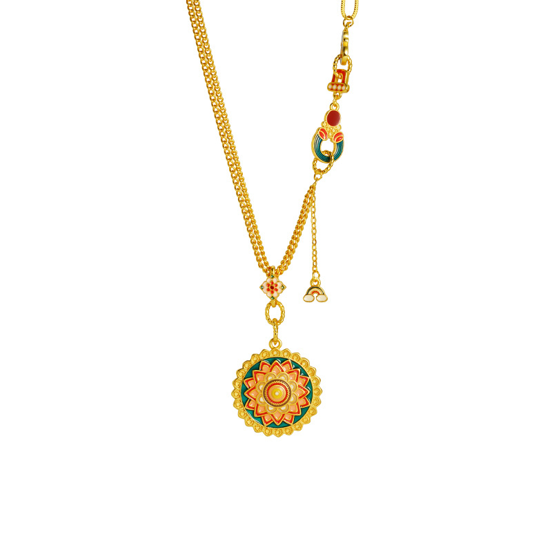 Guochao Guofasha collar de oro esmalte color mandala rueda de tiempo cadena de clavícula de joyas de la nacionalidad femenina no se desvanece