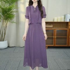ドロップシッピングネットセレブ人気2025夏の新しいファッショナブルでエレガントな年齢軽減ホリデーツーピースミドル丈ドレス