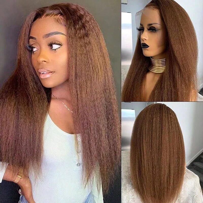 Chocolate Brown Curly Straight Hair Human Hair Wig, Suitable for Women, with High-Definition Transparent Lace Front
