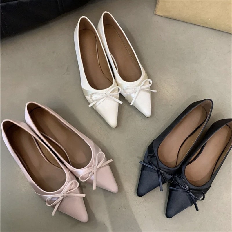 Shoes with bow pointed-toe for work and office low-cut flat