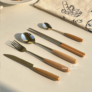 ♧ Ins Tableware Simple Knife, Fork, Chopsticks and Spoon Four-Piece Set Stainless Steel Wooden Handle High-Value Pasta Dessert Spoon