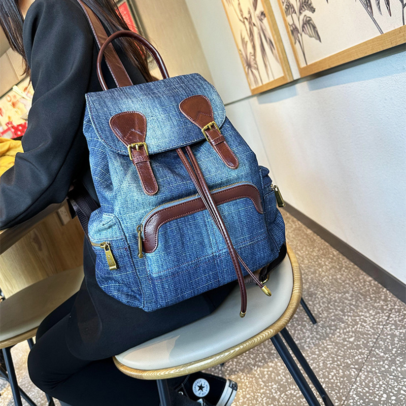 Bag, women's new 2023 fashionable denim cloth with cowhide backpack, casual and versatile canvas bag_voghion.com