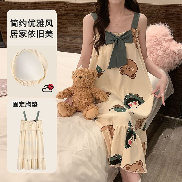 Comercio exterior transfronterizo verano nuevo estilo pijama damas imitación algodón cojín en el pecho camisón bowknot servicio a domicilio de longitud media