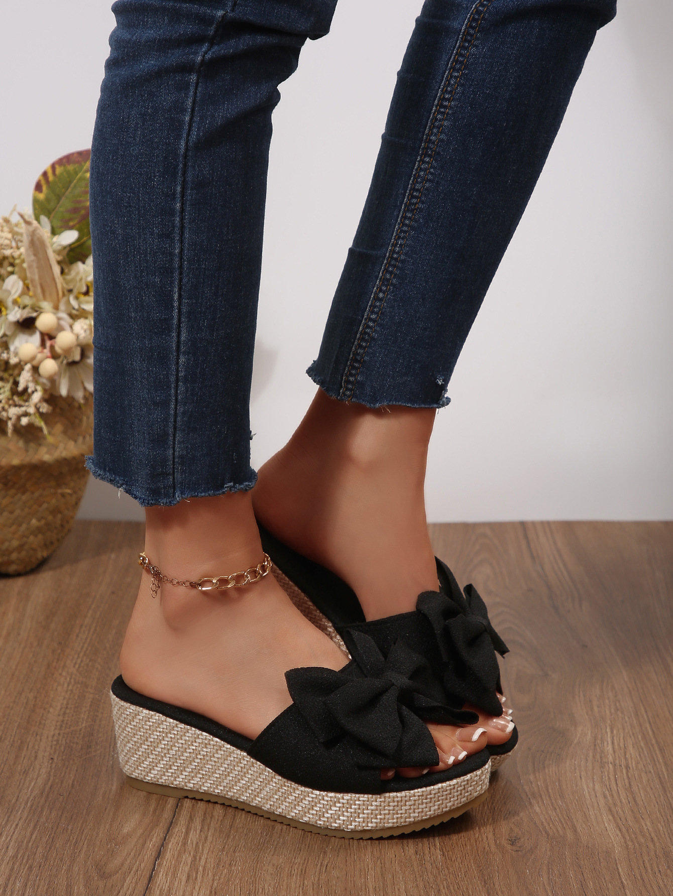 Women's Summer Bow Wedge Sandals European And American Style Thick Sole Platform Fabric Plus Size New Style_vogvips.com
