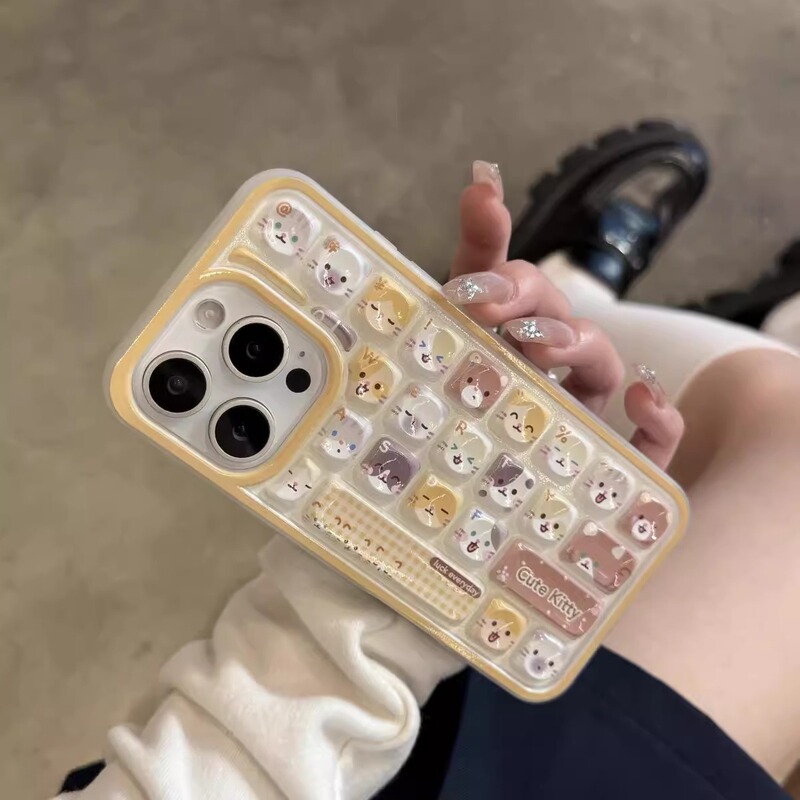Super Cute Kitten Stereo Keyboard Suitable for Apple 16 Mobile Phone Case iPhone 15 Promax Anti-Fall 14 Cute 13