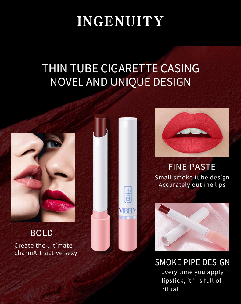 VIBELY export European and American matte non-stick cup cigarette tube lipstick, single small thin tube mini cigarette lipstick, pink Item Picture