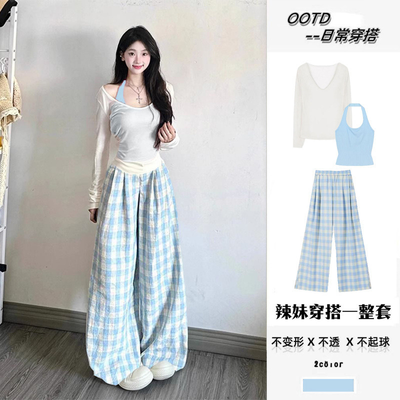 三件套女夏季纯欲风辣妹防晒长袖罩衫上衣吊带背心高腰阔|undefined