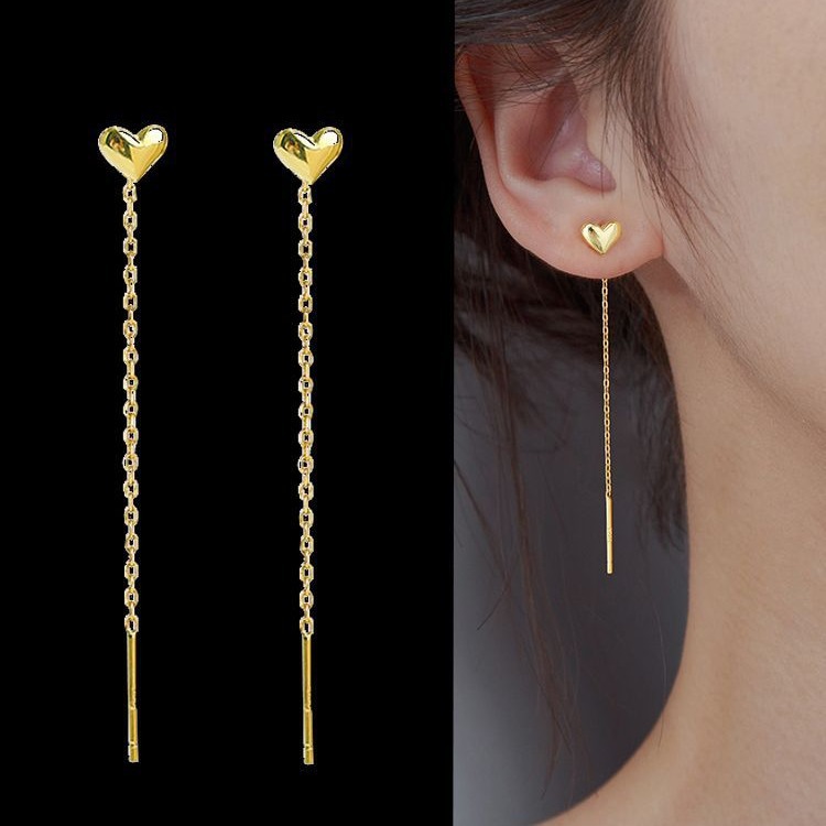 Heart-shaped 18K gold-plated titanium steel earrings for women, non-fading, elegant long earrings, trendy and face-slimming ear chain