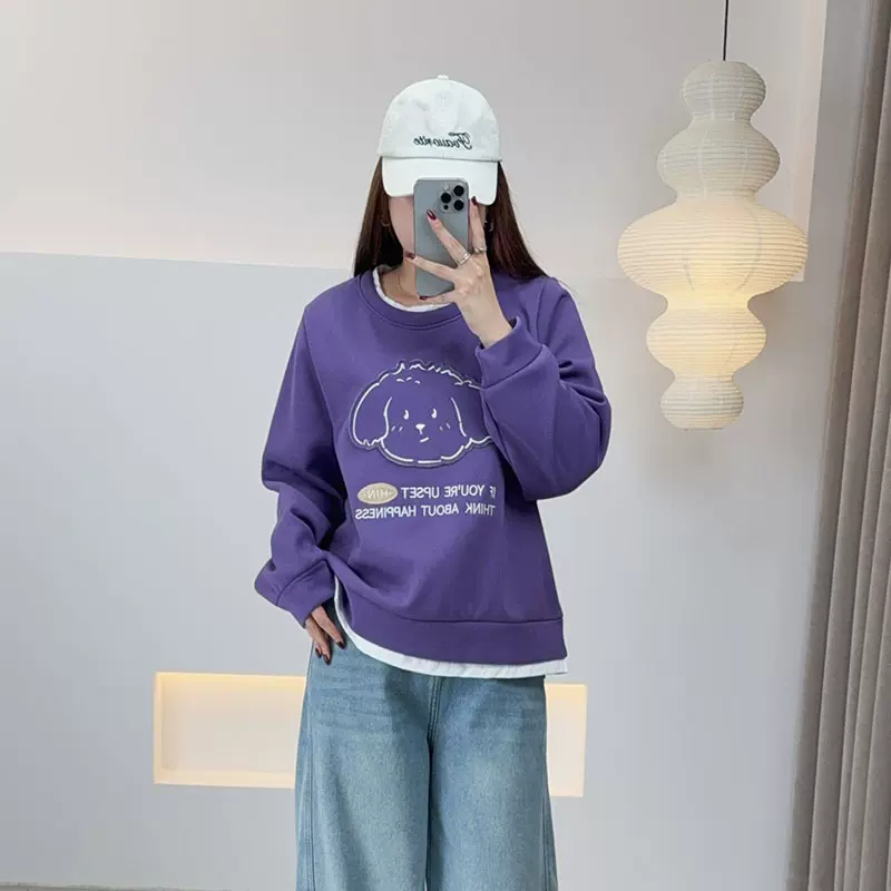 双天25年秋冬新款大码女装宽松上衣卡通小狗圆领刺绣加绒卫衣9170