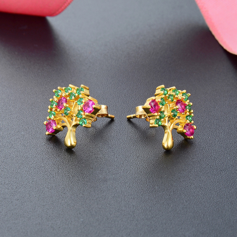 S925 plata esterlina color diamante color árbol pendientes de aretes de lujo ligero retrógrado francés femenino oro nicho de diseño sensación de joyas de orejas