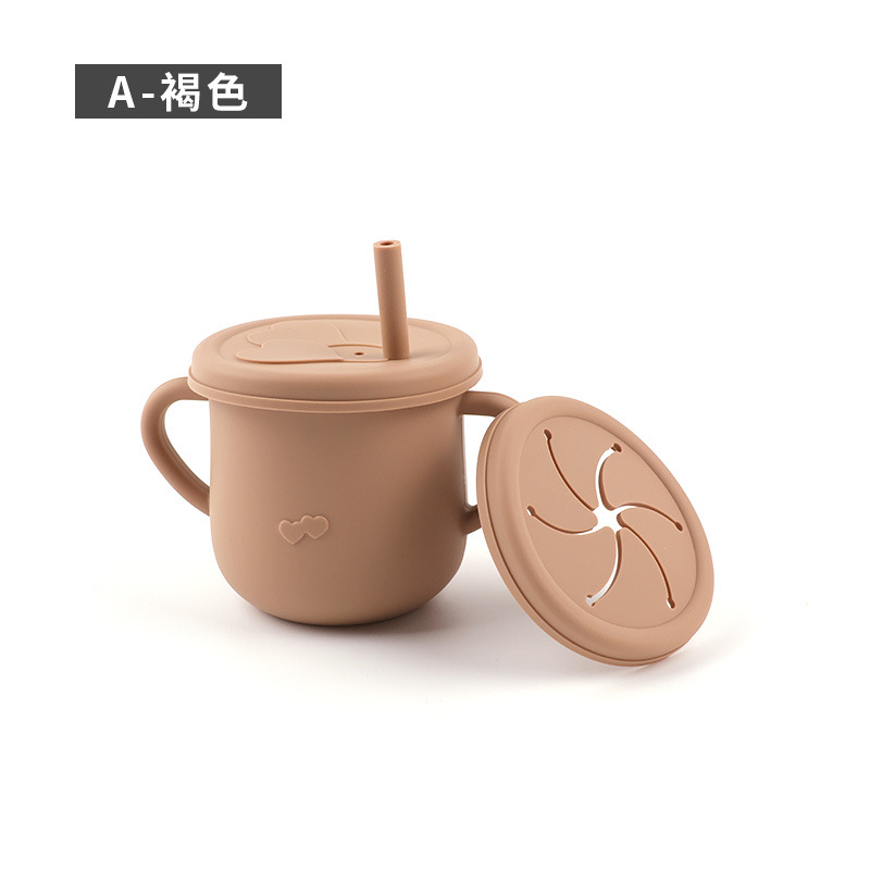 Taza de agua de paja de silicona para niños de grado alimenticio Taza de agua a prueba de caídas Taza de agua de silicona binaural para bebés Taza de silicona para aprender a beber