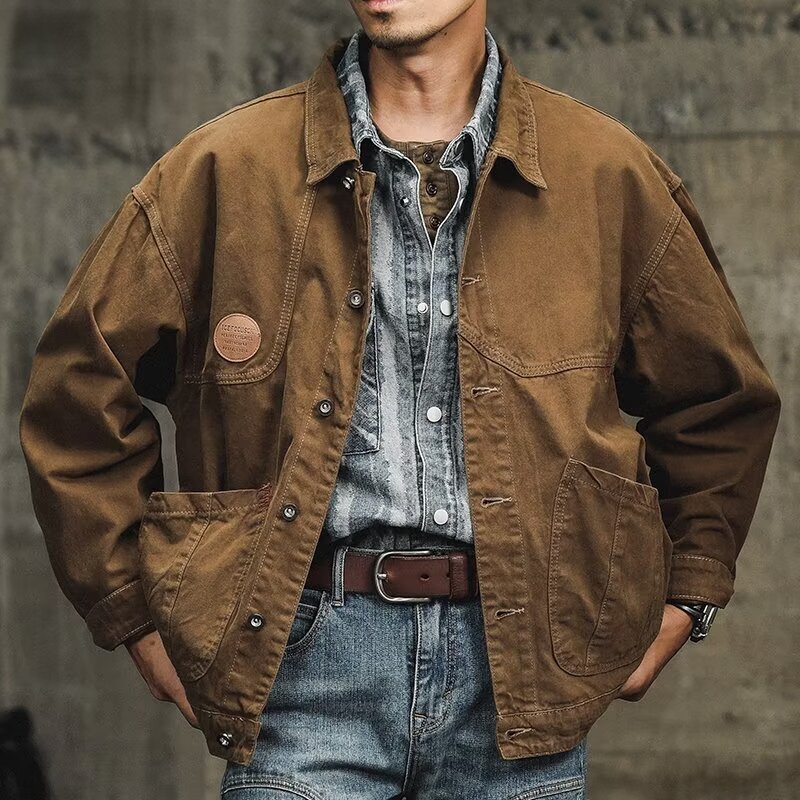 American Vintage Work Jacket Men's Autumn Trendy Brand Loose Casual Brown Antique Denim Wax-Free Hunting Jacket