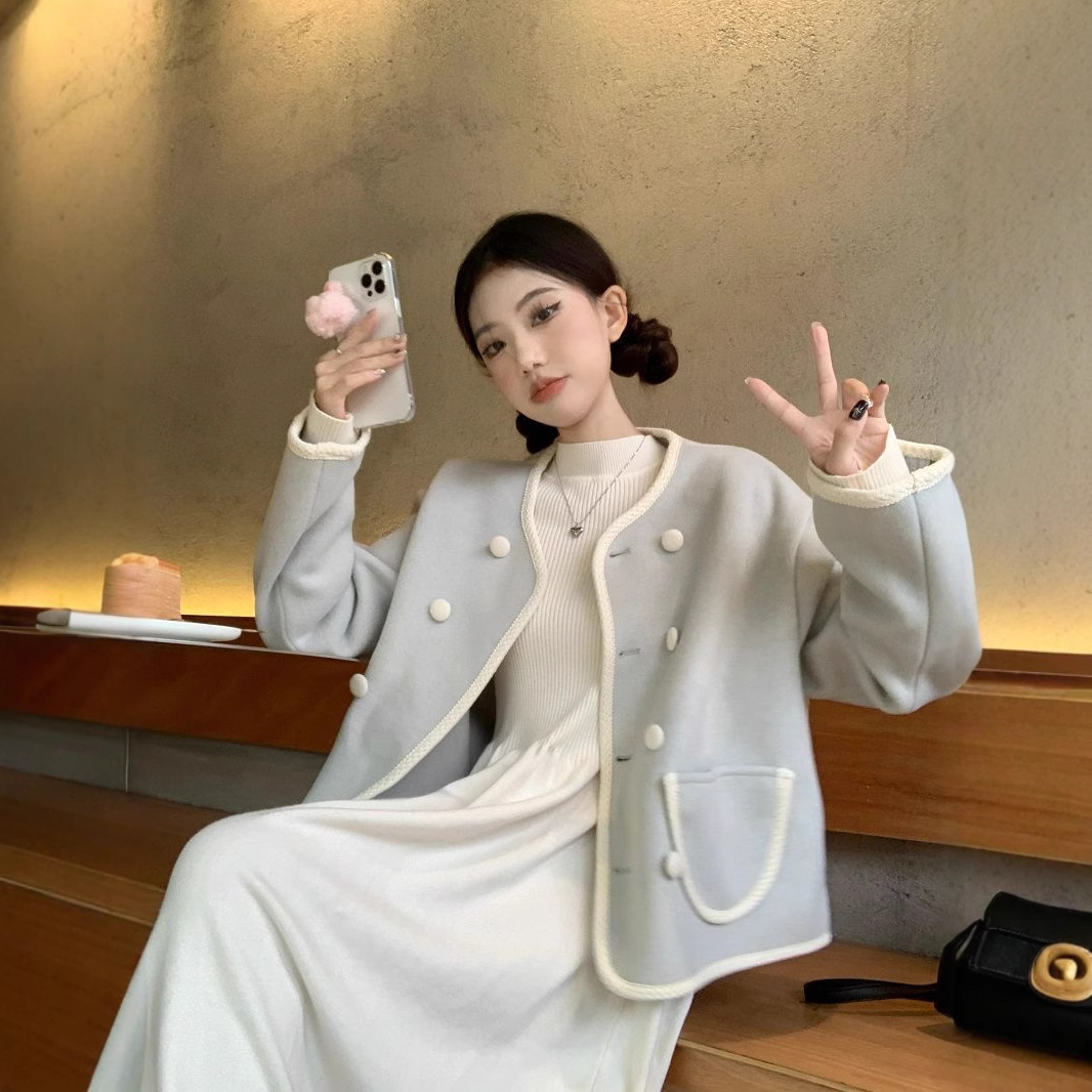 半高领针织长袖连衣裙小香风毛呢外套女春秋新款时尚潮流气质套装