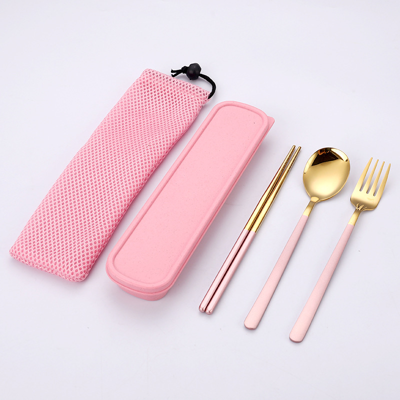 핑크 골드 스푼 포크 젓가락 3 종 세트 (메쉬 백 포함)