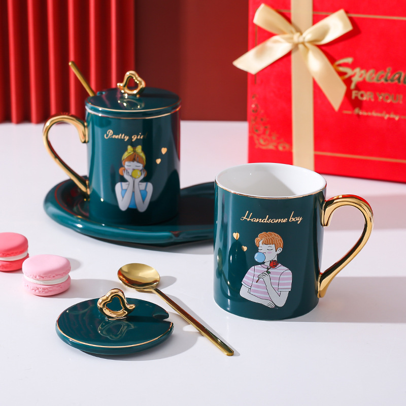 Boda pareja Copa par caja de regalo traje de boda Taza de cerámica par taza regalo festivo regalo