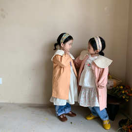 女童中长款风衣外套春季新款童装儿童外套韩版蕾丝娃娃领宝宝上衣