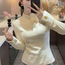 新中式国风印花提花加绒加厚上衣2026秋冬新款立领显瘦长袖女上衣