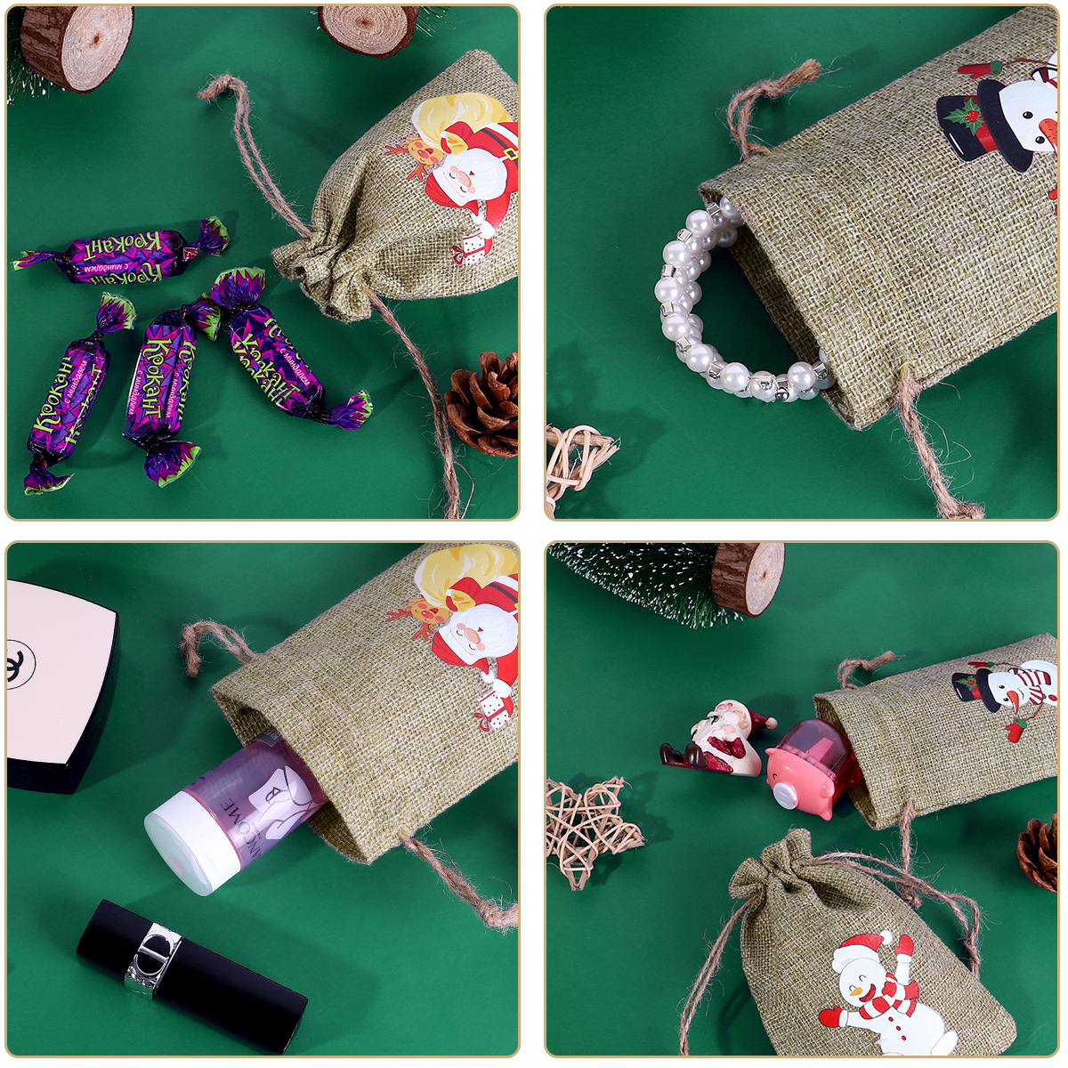 Amazon Venta caliente de Navidad bolsa de regalo de lino decoración de regalo de Navidad pequeña bolsa de tela de Halloween bolsa de embalaje de dulces