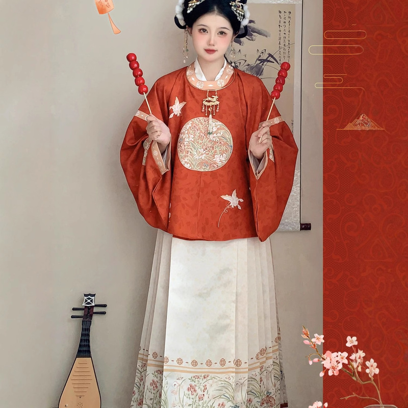 Original Hanfu for Women: Ming Dynasty Style Round Neck, Wide Collar, Pipa Sleeves, Mamian Skirt, Spring and Autumn Sister Bridesmaid Outfit Set