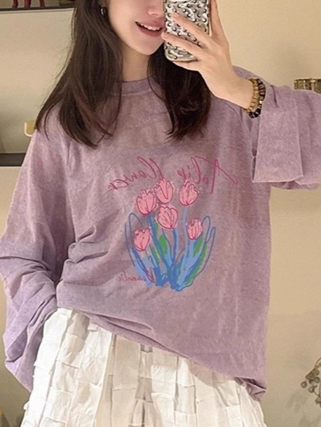 紫色印花圆领长袖休闲T恤女秋季韩系慵懒风外搭绝美减龄薄款上衣|undefined