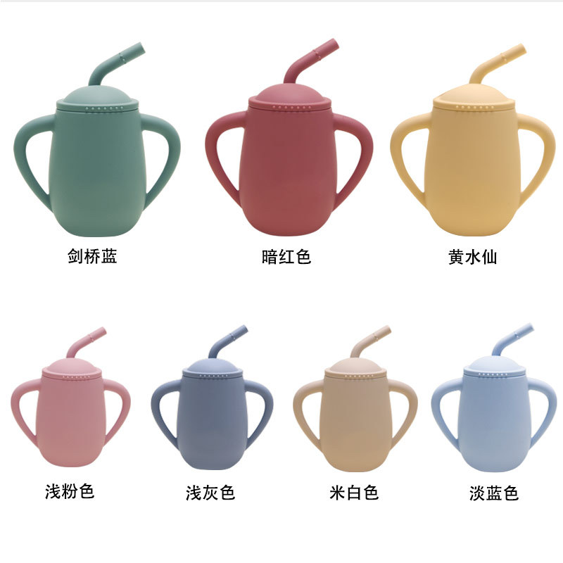 Amazon Kids Drinking Cup Water Absorbable Dual Ear Handle Anti-Deslizante Anti-Fugas Diseño Silicone Straw Drinking Cup