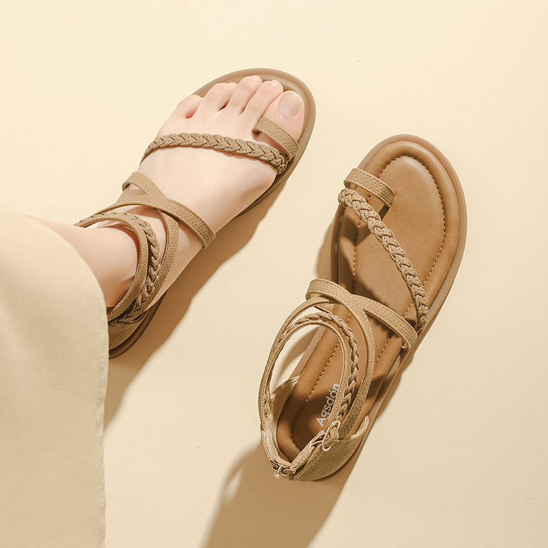 Augustion sandalias romanas planas para mujer 2025 nuevo estilo verano bohemio bolso con tacón sandalias tejidas huecas