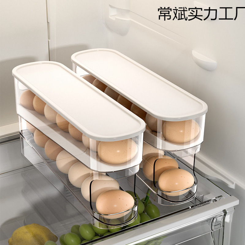 卵パック収納冷蔵庫食品グレードのローリングエッグラックキッチン鮮度保持サイドドア収納ボックス蓋付き|undefined