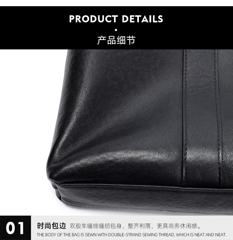 Túi xách tay nam công sở da bò thật hai ngăn khóa kéo, cặp mỏng đeo chéo một vai 39×7×29 cm — Màu đen chi tiết 16