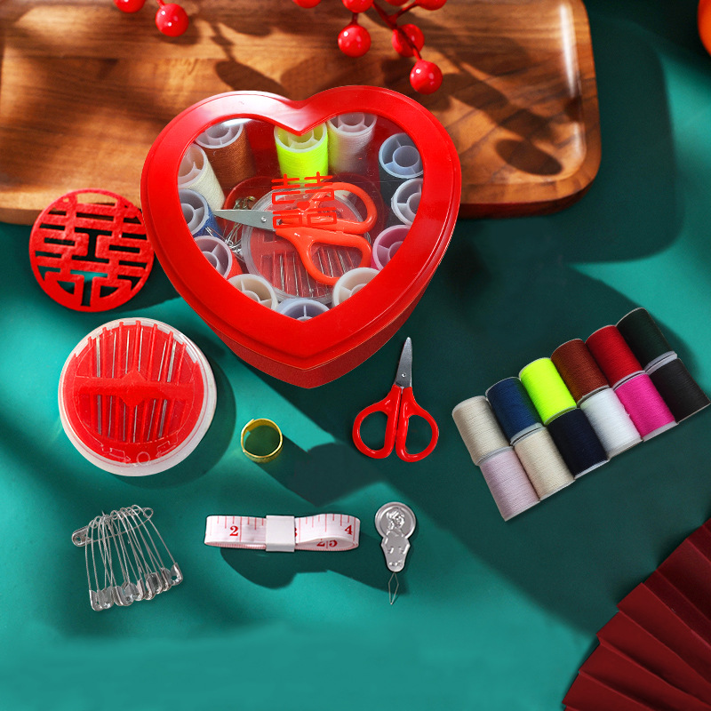 Caja de aguja de boda, set de dote de mujer, aguja doméstica portátil rojo festivo, almacenamiento de artículos de boda