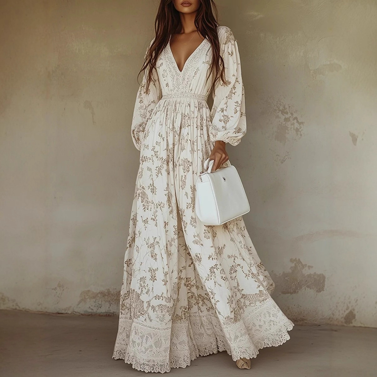 Bohemian Western Lace Trim Dress – Long Sleeve Floral Print Maxi Dress For Women_ecoleips.com