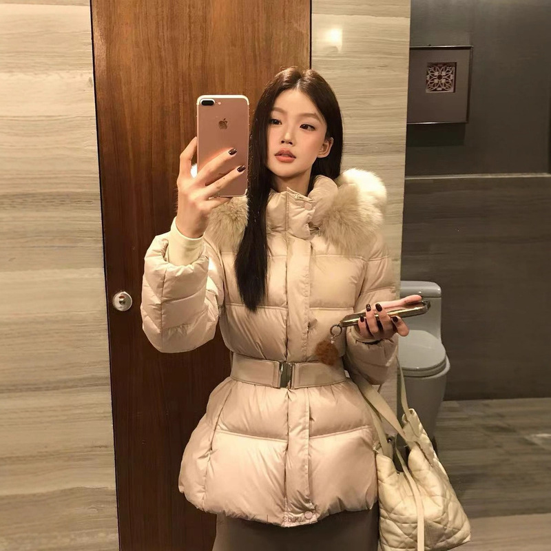Korean Style Luxury 90% down Thickened down Jacket with Warm Fur Collar, Hooded, Waist-Cinching, Mid-Length for Women
