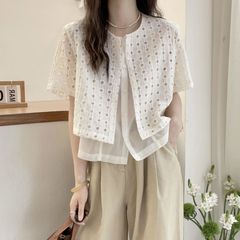 ヨーロッパステーション 2025 新しい夏のヨーロッパスタイルかぎ針編み中空偽ツーピース半袖シャツ女性の夏のデザインシャツ