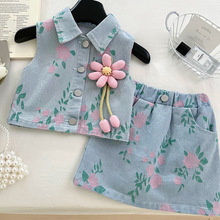 女童夏洋气时髦牛仔套装裙2025新款女宝宝韩版薄款印花牛仔两件套