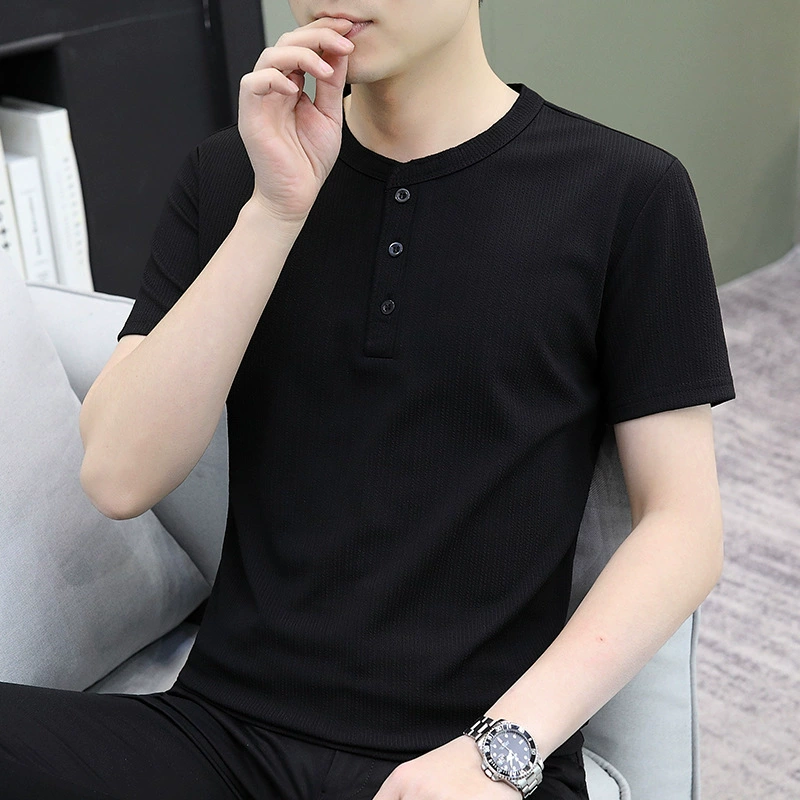 Мужская одежда с короткими рукавами, летняя новая сплошная тенденция, дикая рубашка с половиной рукава, мужская тонкая повседневная рубашка поло с круглым вырезом
