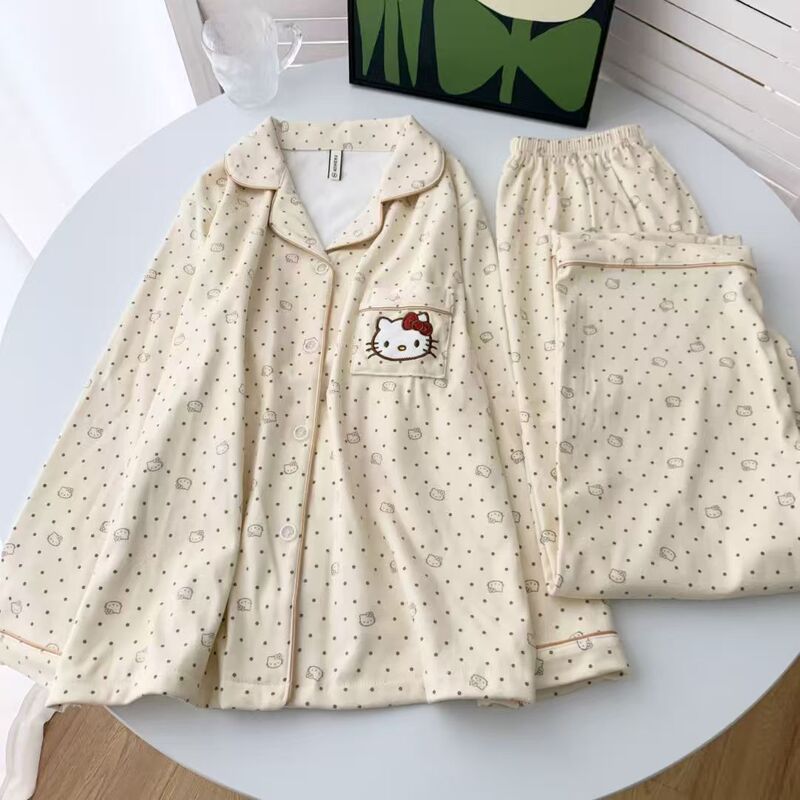 甜美可爱KT猫睡衣女秋冬季德绒加厚波点长袖长裤韩版居家服套装|undefined