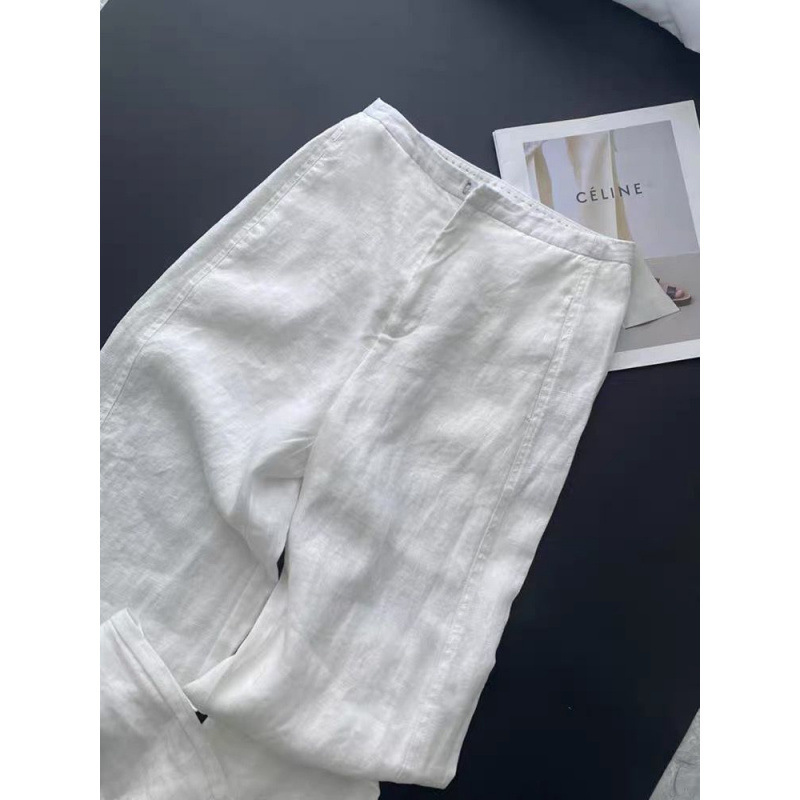 Old Money Style Outfit~White High-Waisted Elegant Simple Drapey Workwear Cotton-Linen Straight Wide-Leg Pants for Women, Summer 2026