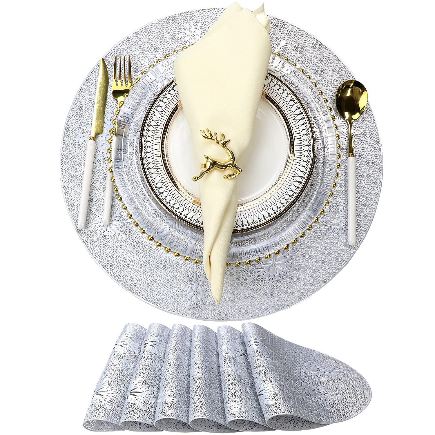 Ronda de copo de nieve dorado mantel hueco de oro plata antideslizante estera de mesa estera montaña estera de aislamiento decorativo occidental mantel al por mayor