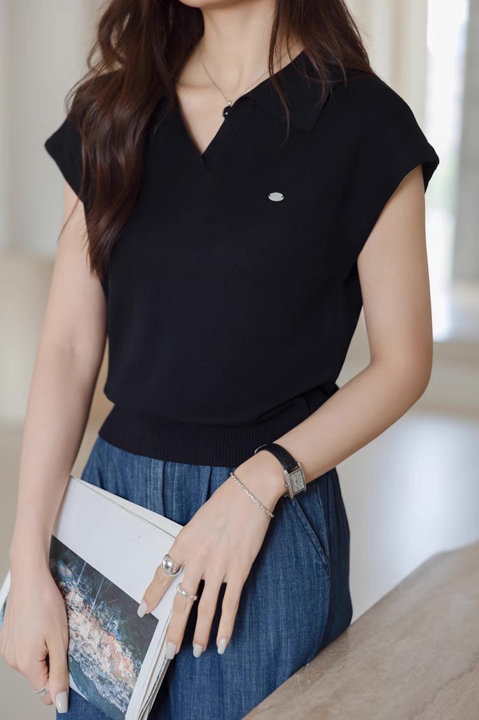 Áo polo nữ ngắn tay cổ bẻ chất liệu linen pha sợi dệt kim — màu đen chi tiết 15